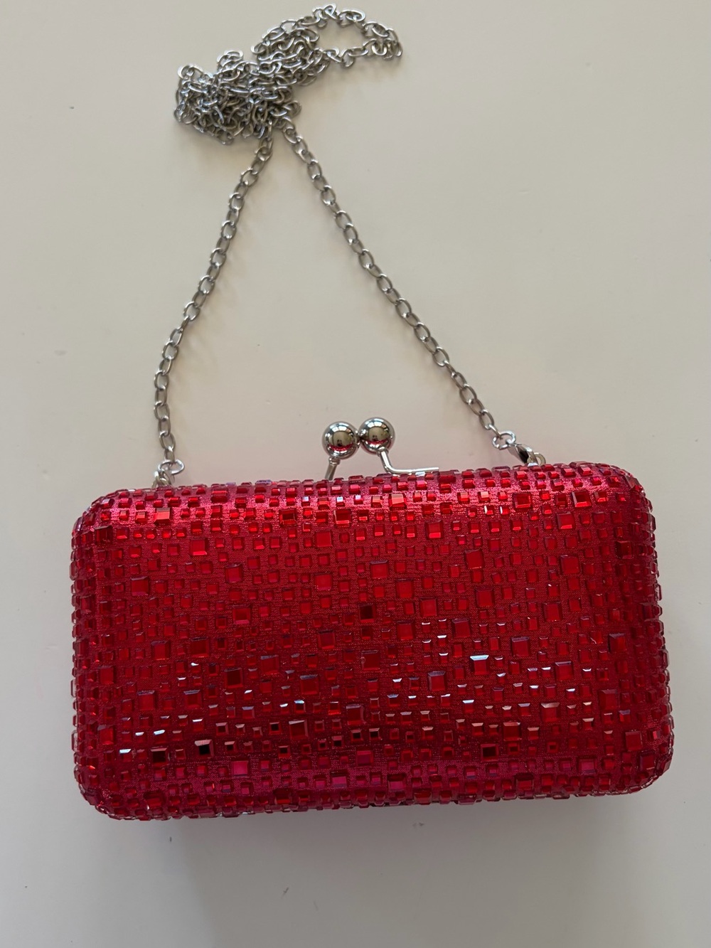Red Sequin Evening Clutch with Silver Chain